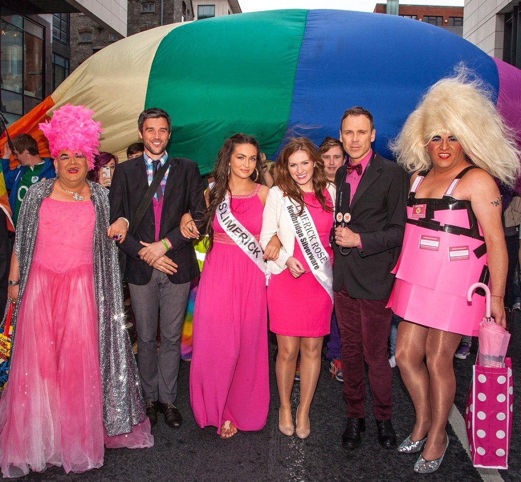 A sea of pink for Marriage Equality at the Limerick Pride Parade 2013. Richard pictured with Sheila Fitspatrick, Hugo Dahn, Miss Limerick Shauna Lindsay, Chole Heslin, the Limerick Rose and Madonna Lucia. Picture: Dolf Patijn